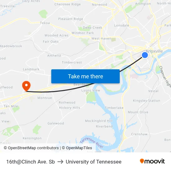 16th@Clinch Ave. Sb to University of Tennessee map