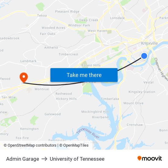 Admin Garage to University of Tennessee map