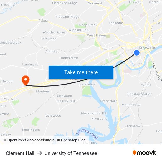 Clement Hall to University of Tennessee map