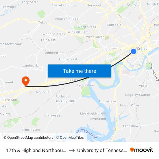 17th & Highland Northbound to University of Tennessee map