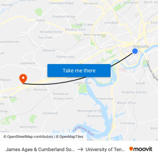 James Agee & Cumberland Southbound to University of Tennessee map