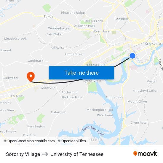 Sorority Village to University of Tennessee map