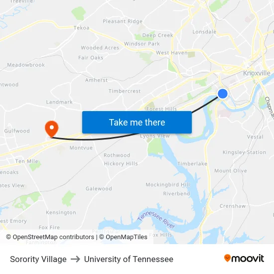 Sorority Village to University of Tennessee map