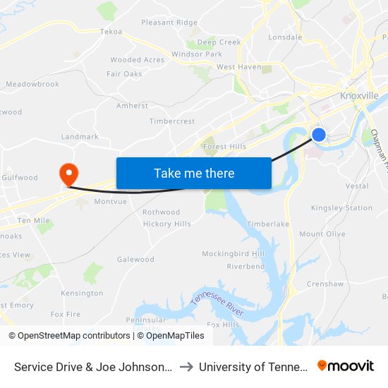 Service Drive & Joe Johnson Drive to University of Tennessee map