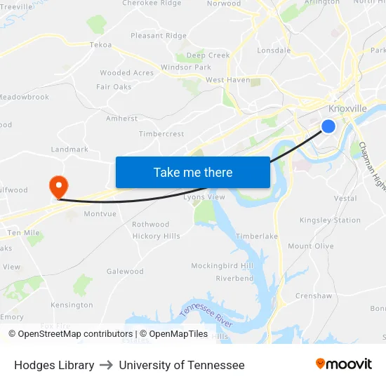 Hodges Library to University of Tennessee map