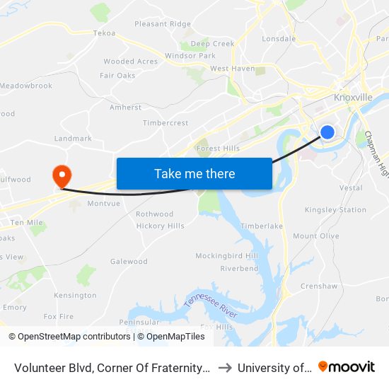 Volunteer Blvd, Corner Of Fraternity Park Drive SW (Eastbound) to University of Tennessee map