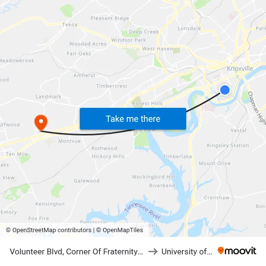 Volunteer Blvd, Corner Of Fraternity Park Drive W (Eastbound) to University of Tennessee map