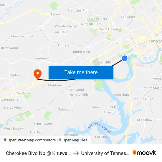 Cherokee Blvd Nb @ Kituwah Tr to University of Tennessee map