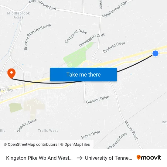 Kingston Pike Wb And Wesley Rd to University of Tennessee map