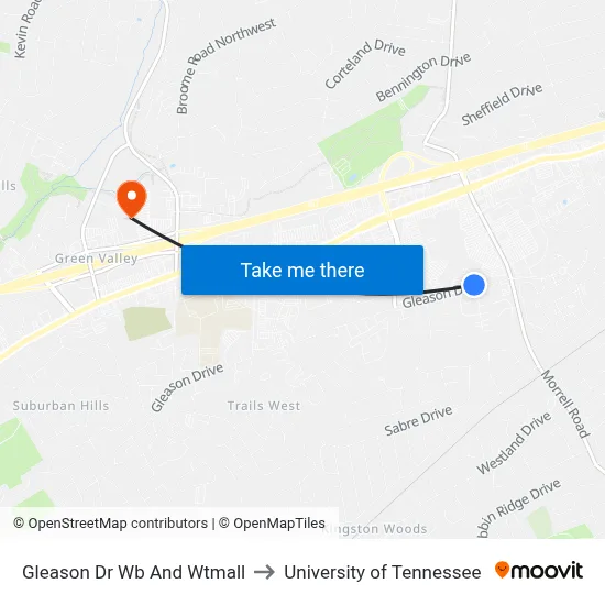 Gleason Dr Wb And Wtmall to University of Tennessee map