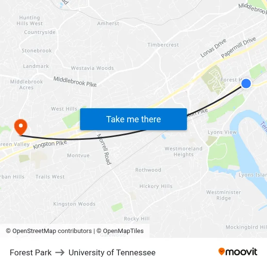 Forest Park to University of Tennessee map