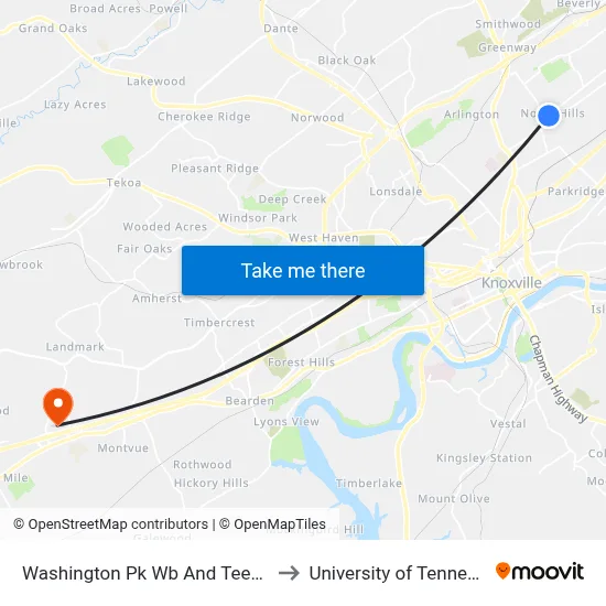 Washington Pk Wb And Teeple St to University of Tennessee map