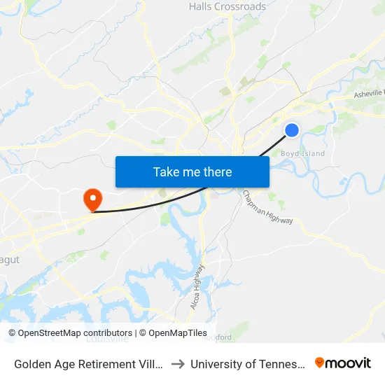 Golden Age Retirement Village to University of Tennessee map