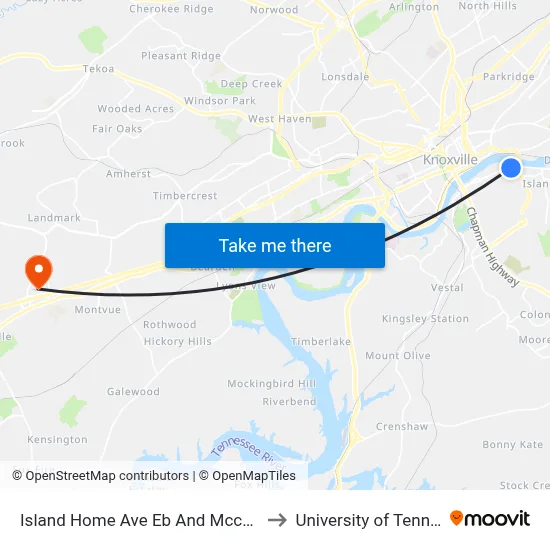 Island Home Ave Eb And Mccormick St to University of Tennessee map