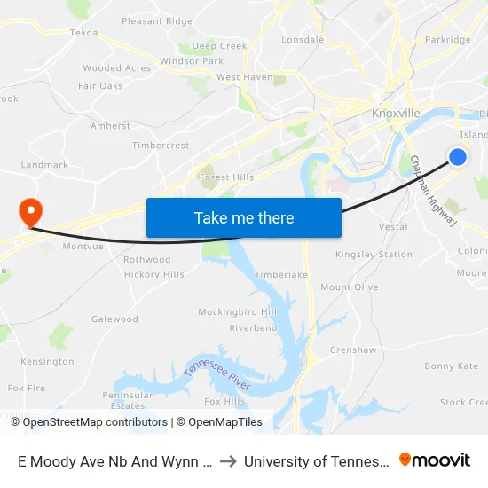 E Moody Ave Nb And Wynn Ave to University of Tennessee map
