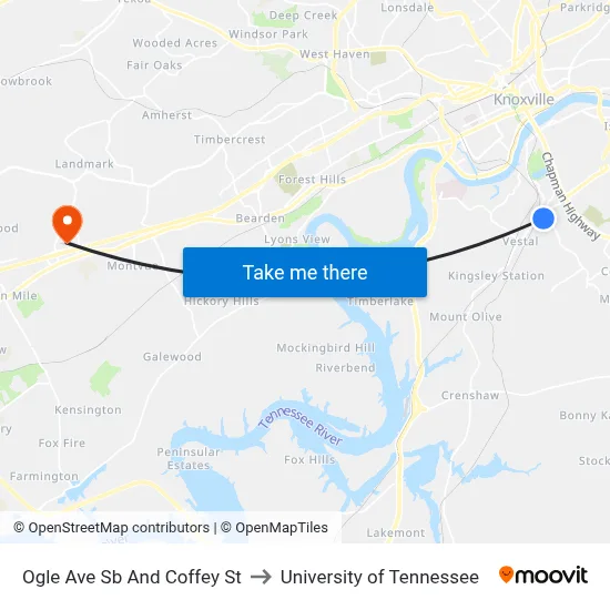 Ogle Ave Sb And Coffey St to University of Tennessee map