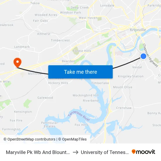 Maryville Pk Wb And Blount Ave to University of Tennessee map