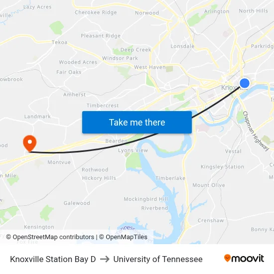 Knoxville Station Bay D to University of Tennessee map
