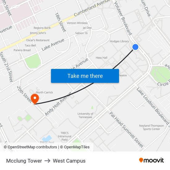 Mcclung Tower to West Campus map