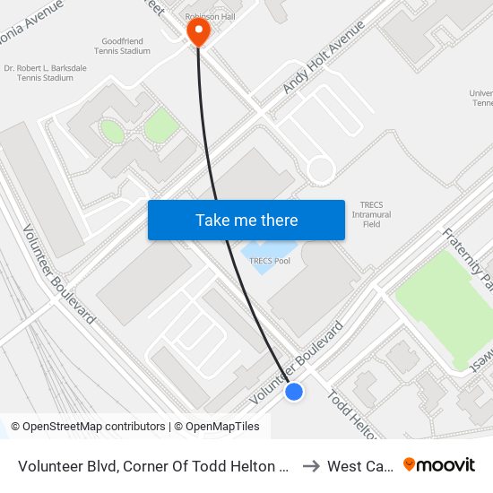 Volunteer Blvd, Corner Of Todd Helton Drive (Eastbound) to West Campus map