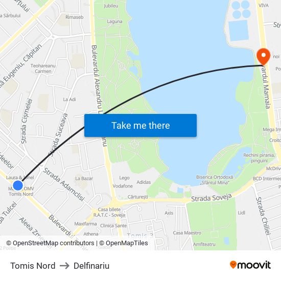 Tomis Nord to Delfinariu map