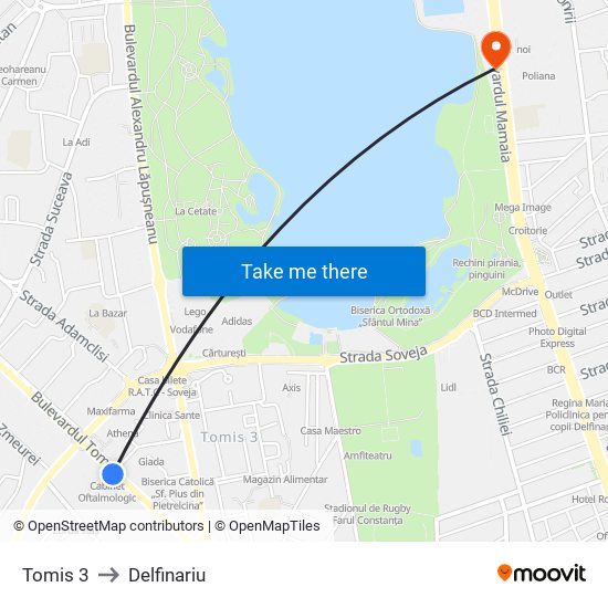 Tomis 3 to Delfinariu map