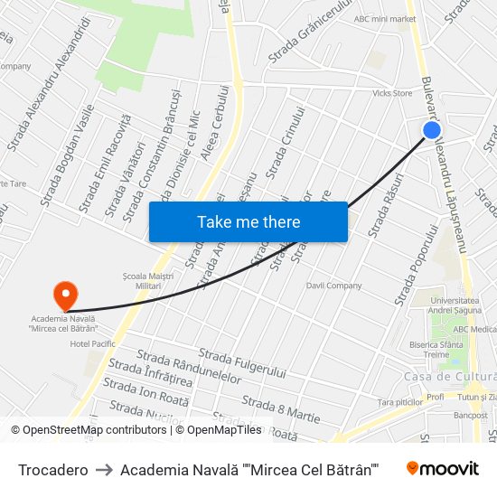 Trocadero to Academia Navală ""Mircea Cel Bătrân"" map