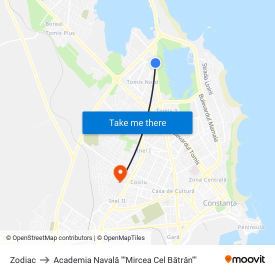 Zodiac to Academia Navală ""Mircea Cel Bătrân"" map