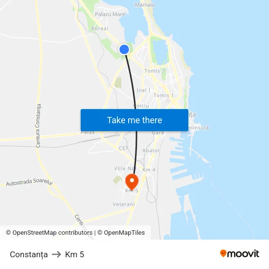 Constanța to Km 5 map