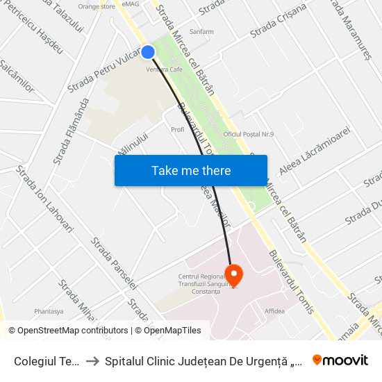 Colegiul Tehnic Tomis to Spitalul Clinic Județean De Urgență „Sf. Apostol Andrei” Constanța map