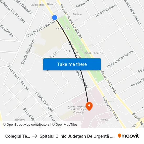 Colegiul Tehnic Tomis to Spitalul Clinic Județean De Urgență „Sf. Apostol Andrei” Constanța map