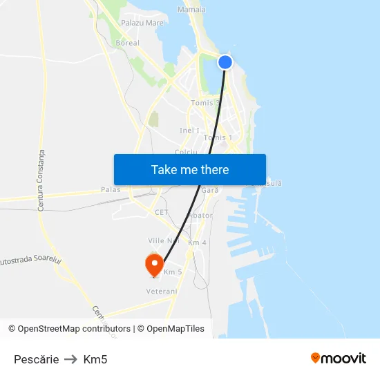 Pescărie to Km5 map