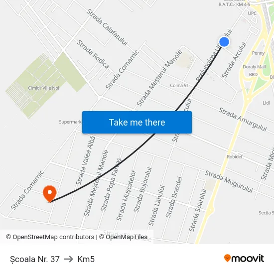 Școala Nr. 37 to Km5 map