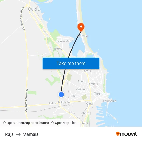 Raja to Mamaia map
