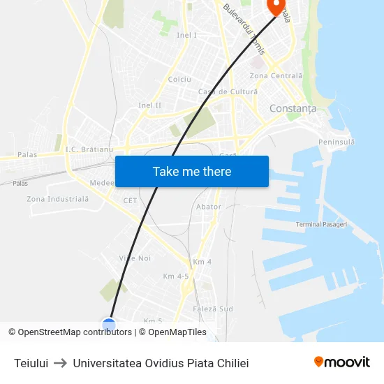 Teiului to Universitatea Ovidius Piata Chiliei map
