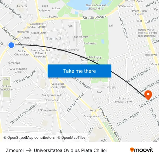 Zmeurei to Universitatea Ovidius Piata Chiliei map