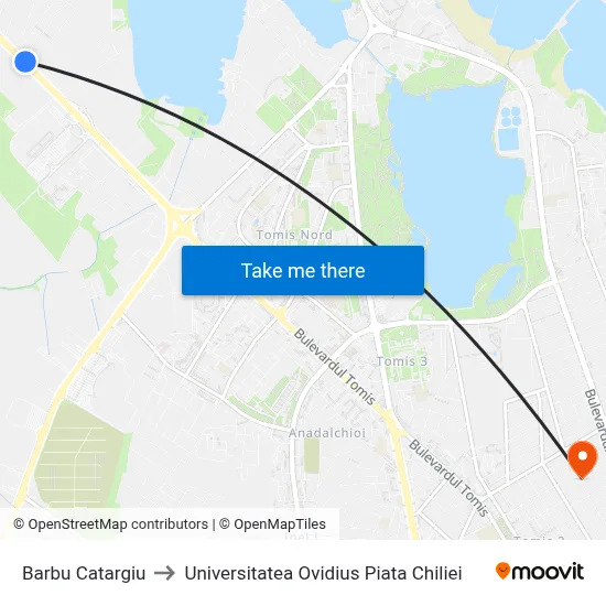 Barbu Catargiu to Universitatea Ovidius Piata Chiliei map