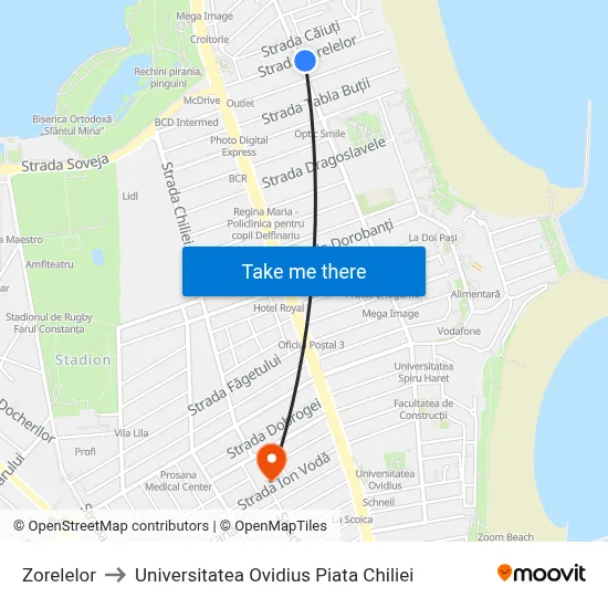 Zorelelor to Universitatea Ovidius Piata Chiliei map