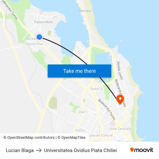 Lucian Blaga to Universitatea Ovidius Piata Chiliei map