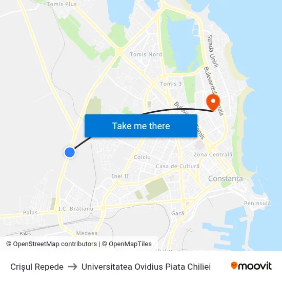 Crișul Repede to Universitatea Ovidius Piata Chiliei map