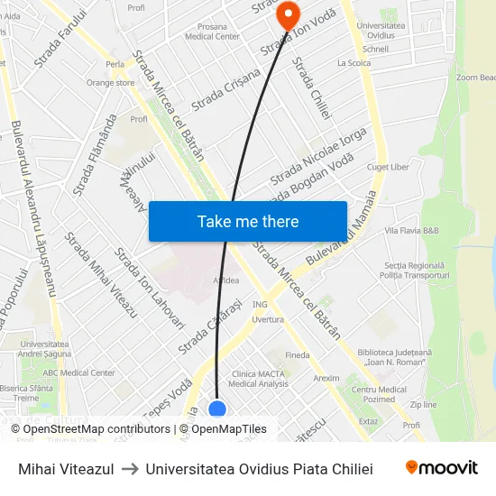 Mihai Viteazul to Universitatea Ovidius Piata Chiliei map