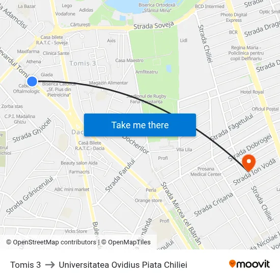 Tomis 3 to Universitatea Ovidius Piata Chiliei map