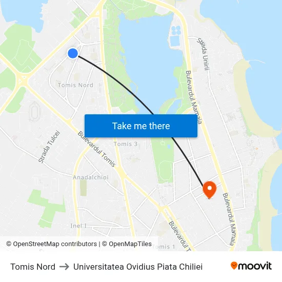 Tomis Nord to Universitatea Ovidius Piata Chiliei map