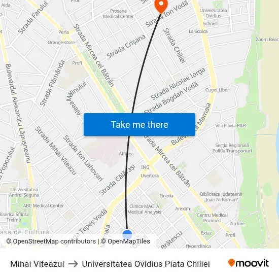 Mihai Viteazul to Universitatea Ovidius Piata Chiliei map