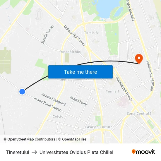 Tineretului to Universitatea Ovidius Piata Chiliei map