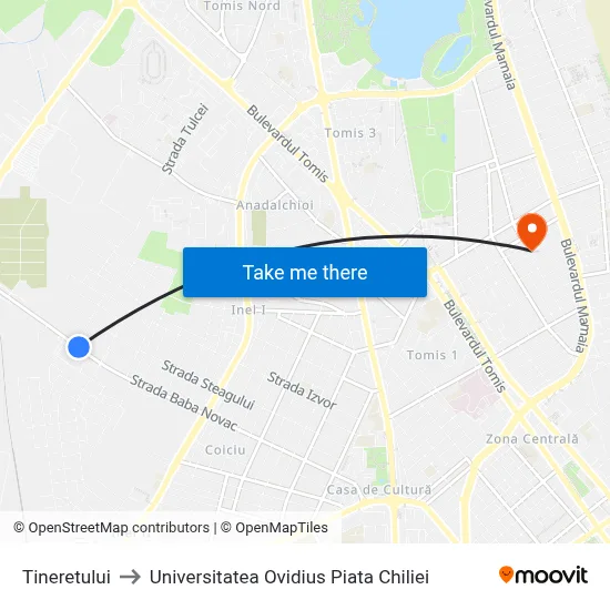 Tineretului to Universitatea Ovidius Piata Chiliei map