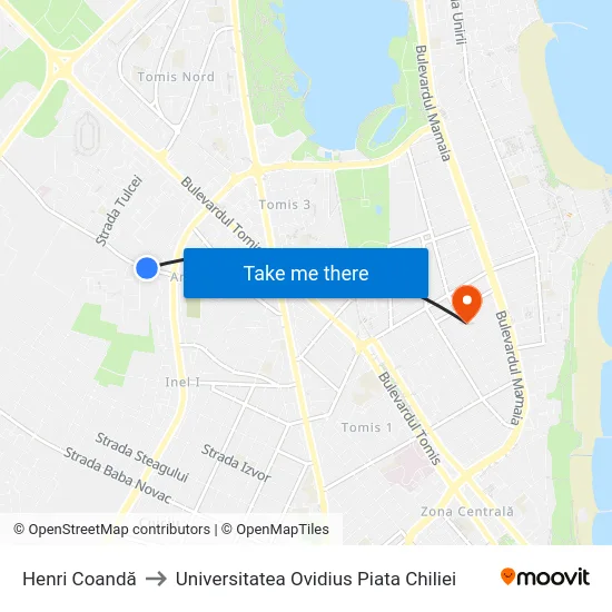 Henri Coandă to Universitatea Ovidius Piata Chiliei map