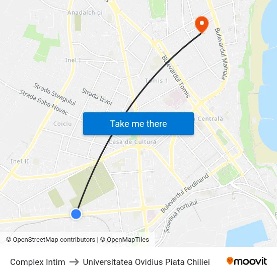 Complex Intim to Universitatea Ovidius Piata Chiliei map