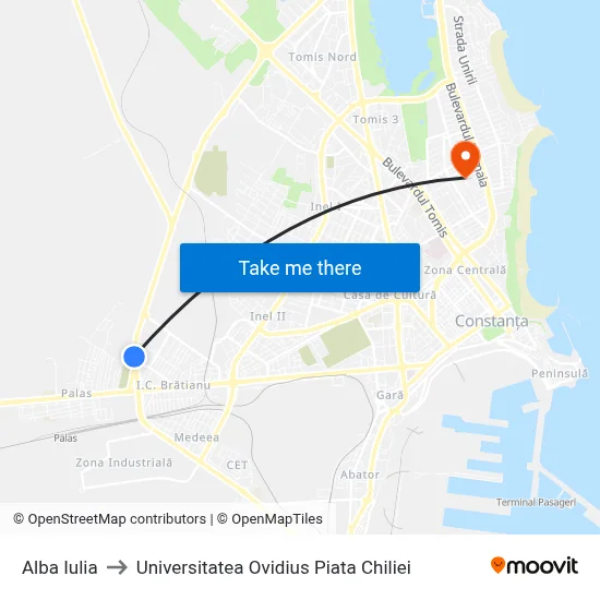 Alba Iulia to Universitatea Ovidius Piata Chiliei map