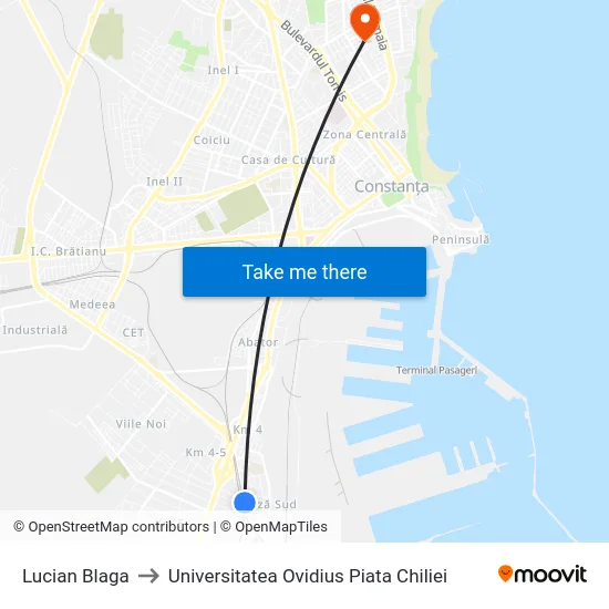 Lucian Blaga to Universitatea Ovidius Piata Chiliei map